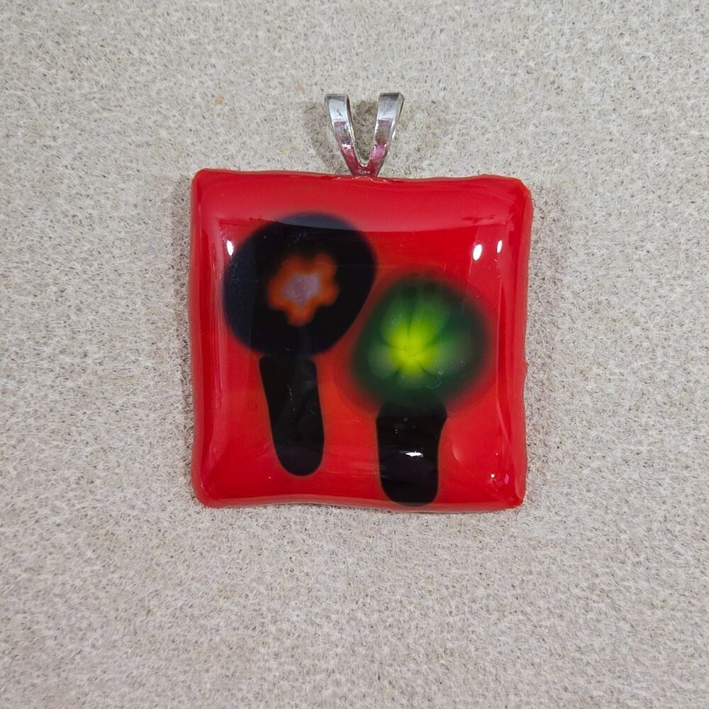 Artisan Handmade Red Fused Art Glass Necklace Pendant Millefiori Flower Design